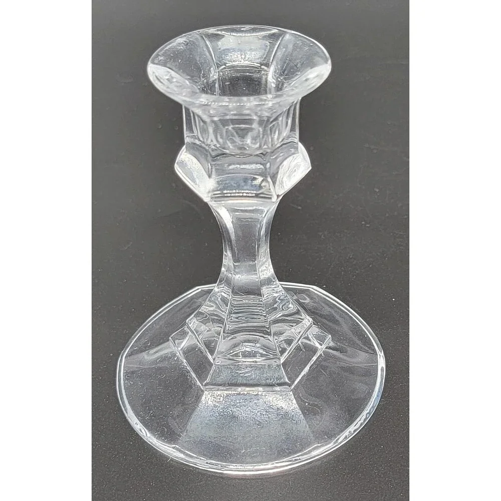 Clear Glass Candle Holders Pair Geometric Faceted Candlesticks Pedestal 4